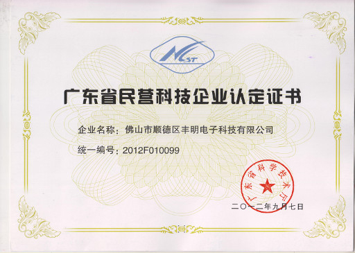 广东省民营科技企业认定证书